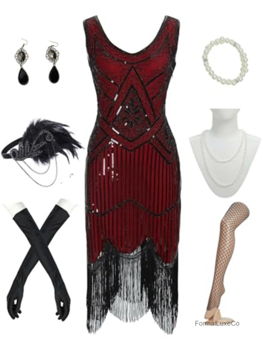 1920s Flapper Dress Sequin Bead Fringe Midi Cocktail Party Costume Set